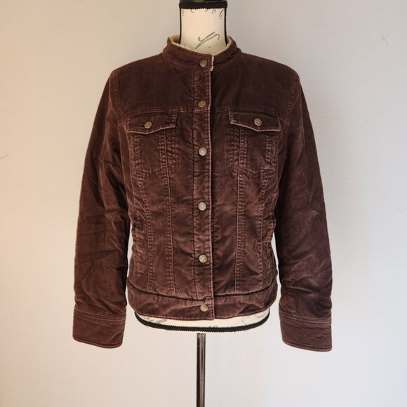 Vintage'90s Y2K J.Crew Corduroy Sherpa Lining Mandarin Neck Jacket Snap Brown - Picture 1 of 11